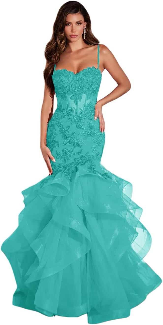 Damen Ballkleid mit Spitzenapplikation, Tüll, lang, Meerjungfrau-Stil, Rüschen, funkelnd, formelles Abendkleid 