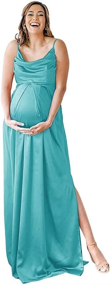 Spaghettiträger Umstandskleid Brautjungfernkleid für Fotoshooting Langes Satin Beinschlitz Schwangeres Abschlussball Partykleid 
