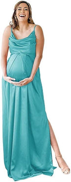 Spaghettiträger Umstandskleid Brautjungfernkleid für Fotoshooting Langes Satin Beinschlitz Schwangeres Abschlussball Partykleid 
