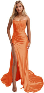 Vestidos de fiesta de sirena con encaje satinado para mujer, largos con abertura, sin tirantes, para noche formal, 2025 