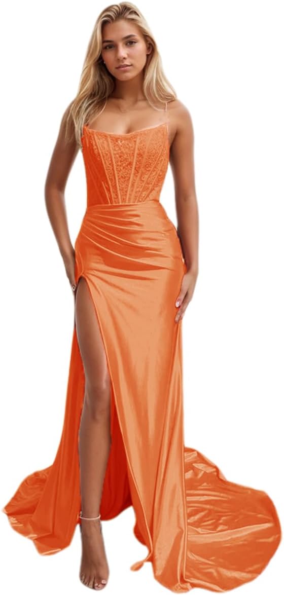 Vestidos de fiesta de sirena con encaje satinado para mujer, largos con abertura, sin tirantes, para noche formal, 2025 