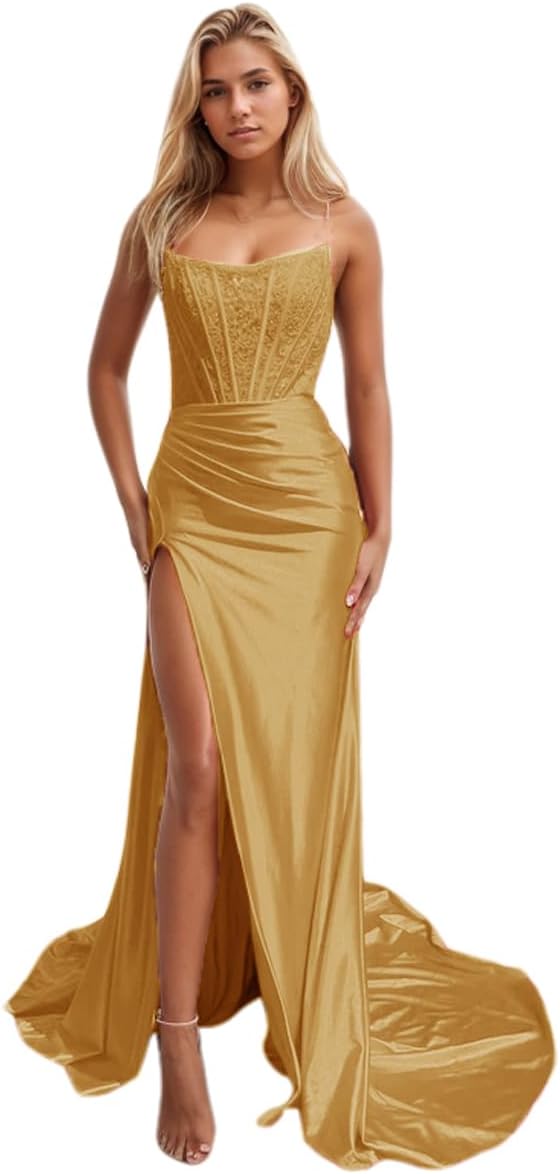 Vestidos de fiesta de sirena con encaje satinado para mujer, largos con abertura, sin tirantes, para noche formal, 2025 