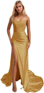 Vestidos de fiesta de sirena con encaje satinado para mujer, largos con abertura, sin tirantes, para noche formal, 2025 