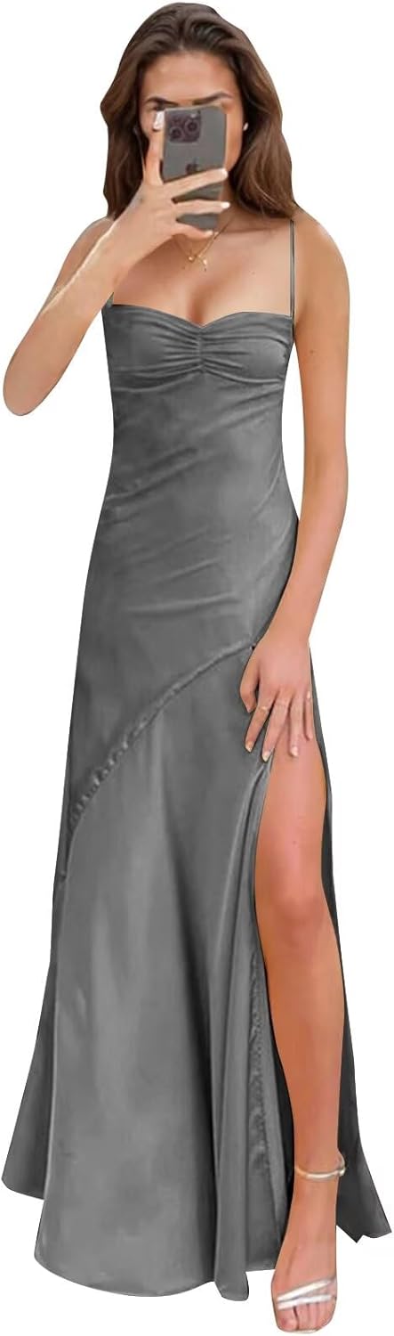 Spaghetti Strap Satin Prom Dresses Long A Line Pleated Corset Bridesmaid Formal Dress with Slit