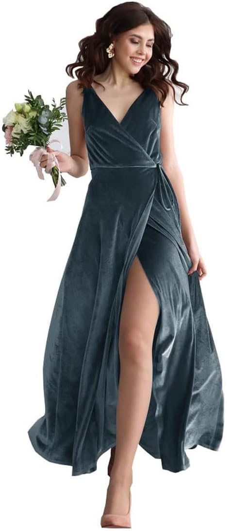 Velvet V Neck Bridesmaid Dress Long Women's Prom Formal Party Gown with Slit