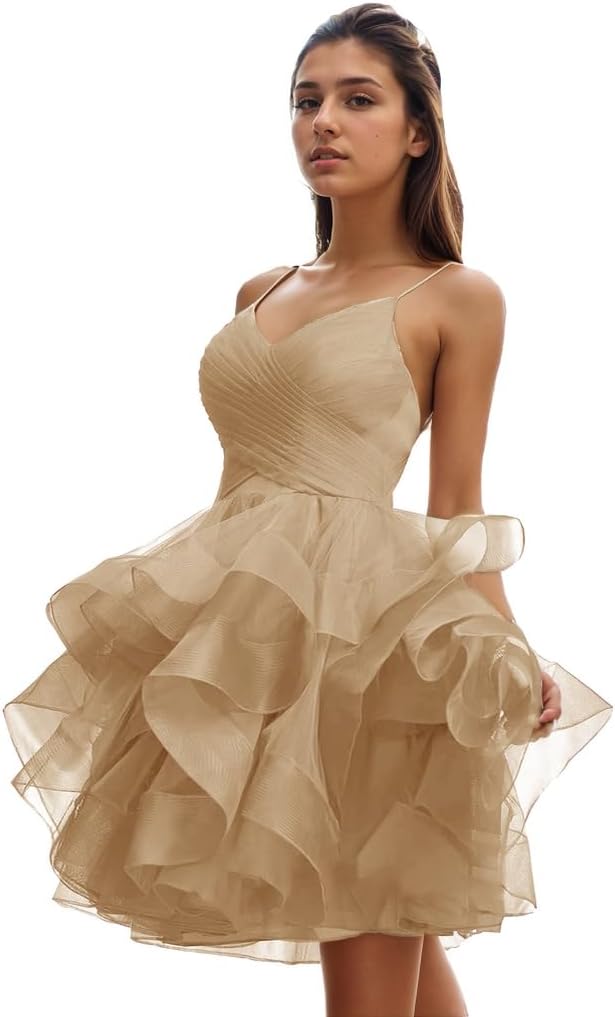 Women's Puffy Ruffle Short Homecoming Dress Tull Tutu Prom Dress V Neck Formal Party Gown