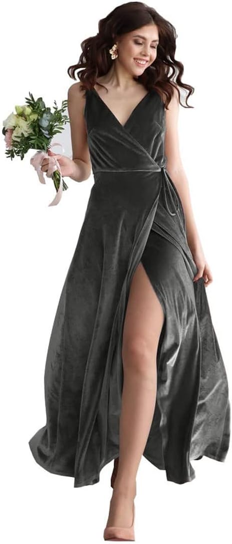 Velvet V Neck Bridesmaid Dress Long Women's Prom Formal Party Gown with Slit