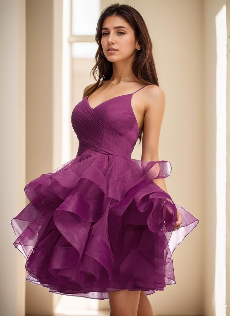 Vestido corto de tul con volantes para mujer, vestido de fiesta formal con escote en V y tutú para regreso a casa 