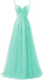 Vestidos de fiesta de tul con apliques de encaje para mujer 2025, vestido de fiesta formal de noche con tirantes finos y abertura 