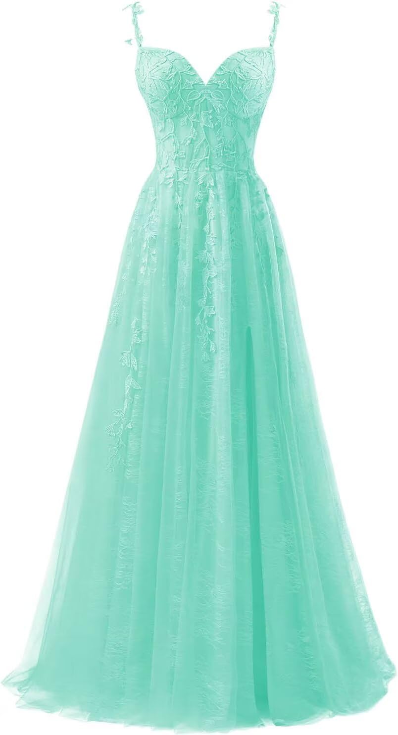 Lace Applique Tulle Prom Dresses for Women 2025 Spaghetti Straps Ball Gown Formal Evening Party Gown with Slit