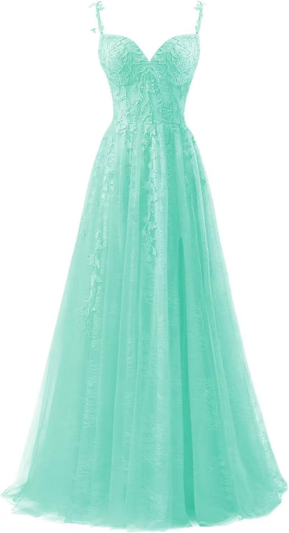 Lace Applique Tulle Prom Dresses for Women 2025 Spaghetti Straps Ball Gown Formal Evening Party Gown with Slit