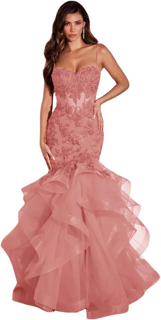 Damen Ballkleid mit Spitzenapplikation, Tüll, lang, Meerjungfrau-Stil, Rüschen, funkelnd, formelles Abendkleid 