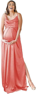 Spaghettiträger Umstandskleid Brautjungfernkleid für Fotoshooting Langes Satin Beinschlitz Schwangeres Abschlussball Partykleid 