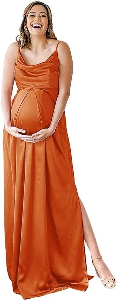 Spaghettiträger Umstandskleid Brautjungfernkleid für Fotoshooting Langes Satin Beinschlitz Schwangeres Abschlussball Partykleid 