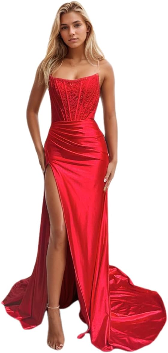 Vestidos de fiesta de sirena con encaje satinado para mujer, largos con abertura, sin tirantes, para noche formal, 2025 