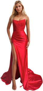 Vestidos de fiesta de sirena con encaje satinado para mujer, largos con abertura, sin tirantes, para noche formal, 2025 