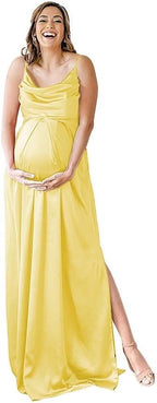 Spaghettiträger Umstandskleid Brautjungfernkleid für Fotoshooting Langes Satin Beinschlitz Schwangeres Abschlussball Partykleid 
