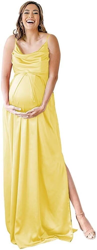 Spaghetti Strap Maternity Bridesmaid Dress for Photoshoot Long Satin Leg Split Pregnant Prom Party Gown