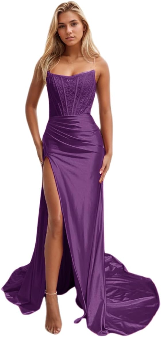 Vestidos de fiesta de sirena con encaje satinado para mujer, largos con abertura, sin tirantes, para noche formal, 2025 