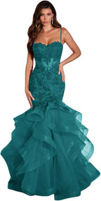 Damen Ballkleid mit Spitzenapplikation, Tüll, lang, Meerjungfrau-Stil, Rüschen, funkelnd, formelles Abendkleid 