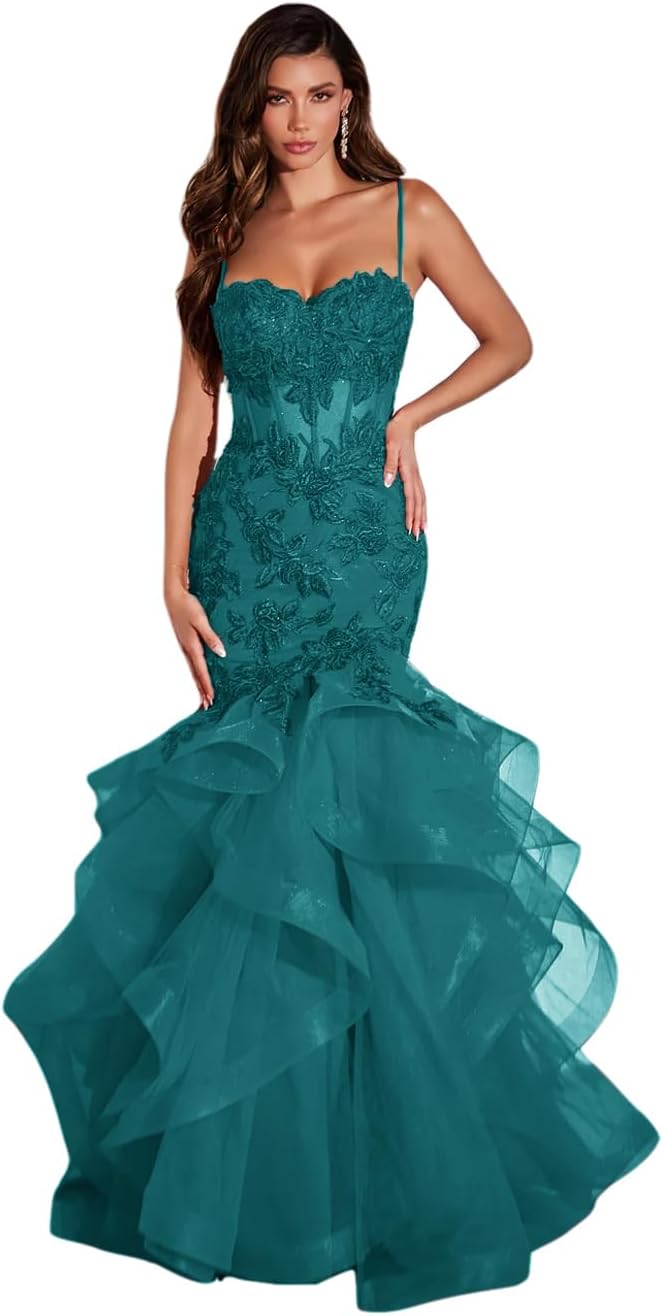 Damen Ballkleid mit Spitzenapplikation, Tüll, lang, Meerjungfrau-Stil, Rüschen, funkelnd, formelles Abendkleid 