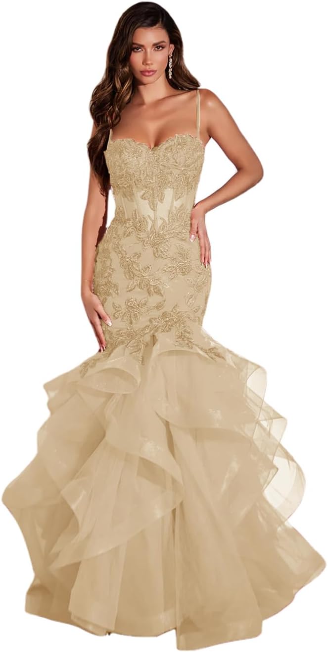 Damen Ballkleid mit Spitzenapplikation, Tüll, lang, Meerjungfrau-Stil, Rüschen, funkelnd, formelles Abendkleid 
