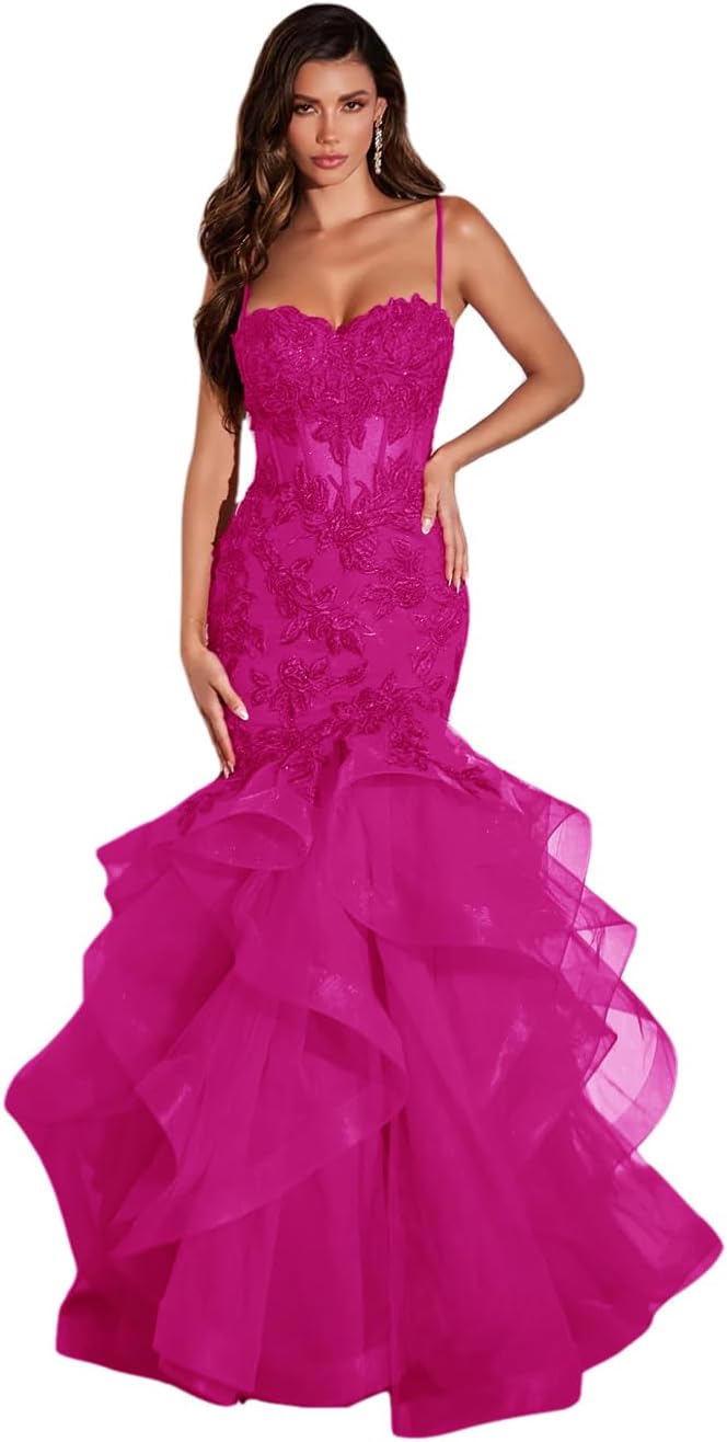 Damen Ballkleid mit Spitzenapplikation, Tüll, lang, Meerjungfrau-Stil, Rüschen, funkelnd, formelles Abendkleid 