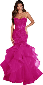 Damen Ballkleid mit Spitzenapplikation, Tüll, lang, Meerjungfrau-Stil, Rüschen, funkelnd, formelles Abendkleid 