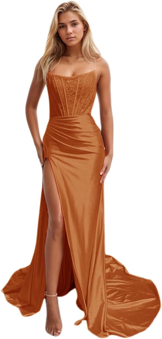 Vestidos de fiesta de sirena con encaje satinado para mujer, largos con abertura, sin tirantes, para noche formal, 2025 