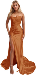 Vestidos de fiesta de sirena con encaje satinado para mujer, largos con abertura, sin tirantes, para noche formal, 2025 