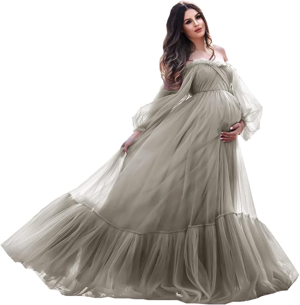 Puffy Sleeve Maternity Dress Tulle Robe for Photoshoot Off Shoulder Pregnancy Baby Shower Gown