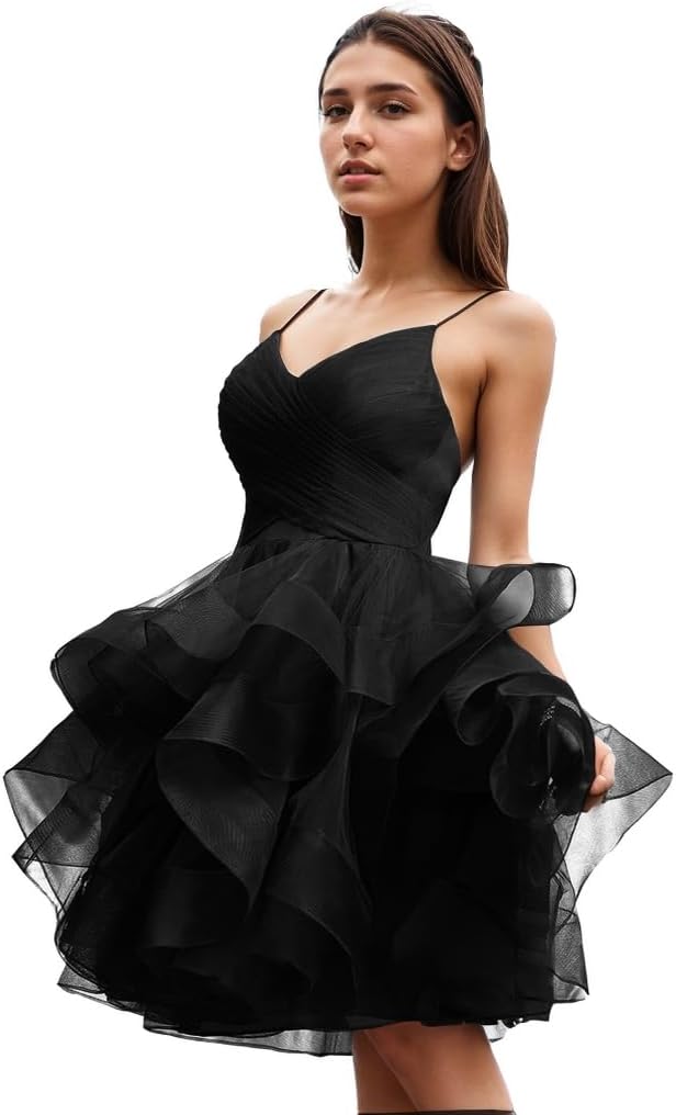 Women's Puffy Ruffle Short Homecoming Dress Tull Tutu Prom Dress V Neck Formal Party Gown