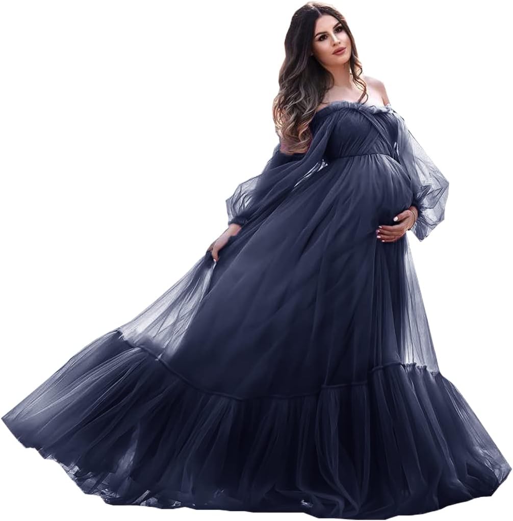 Puffy Sleeve Maternity Dress Tulle Robe for Photoshoot Off Shoulder Pregnancy Baby Shower Gown