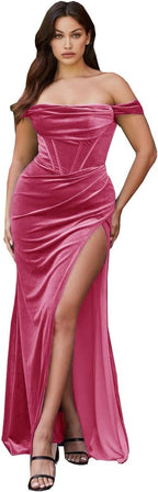 Damen Samt Schlitz Meerjungfrau Ballkleid Lang Schulterfrei Brautjungfernkleid Trägerlos Partykleid 