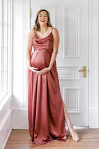 Spaghettiträger Umstandskleid Brautjungfernkleid für Fotoshooting Langes Satin Beinschlitz Schwangeres Abschlussball Partykleid 