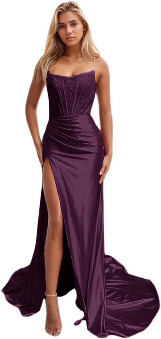 Vestidos de fiesta de sirena con encaje satinado para mujer, largos con abertura, sin tirantes, para noche formal, 2025 