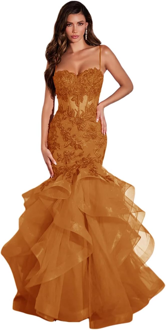 Damen Ballkleid mit Spitzenapplikation, Tüll, lang, Meerjungfrau-Stil, Rüschen, funkelnd, formelles Abendkleid 