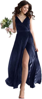 Samt V-Ausschnitt Brautjungfernkleid Langes Damen Ballkleid Formales Partykleid mit Schlitz 