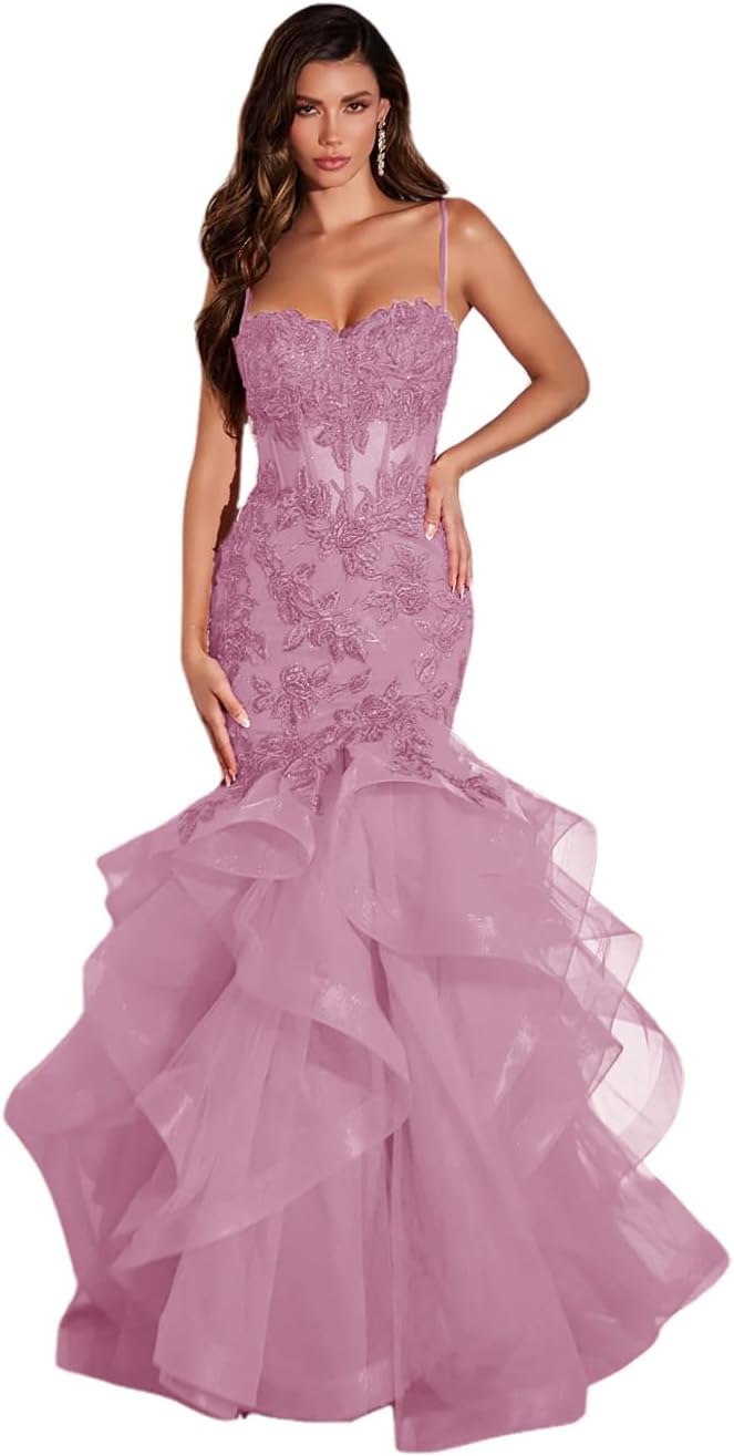 Damen Ballkleid mit Spitzenapplikation, Tüll, lang, Meerjungfrau-Stil, Rüschen, funkelnd, formelles Abendkleid 