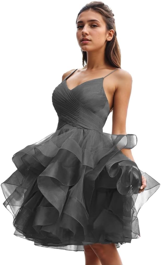 Women's Puffy Ruffle Short Homecoming Dress Tull Tutu Prom Dress V Neck Formal Party Gown