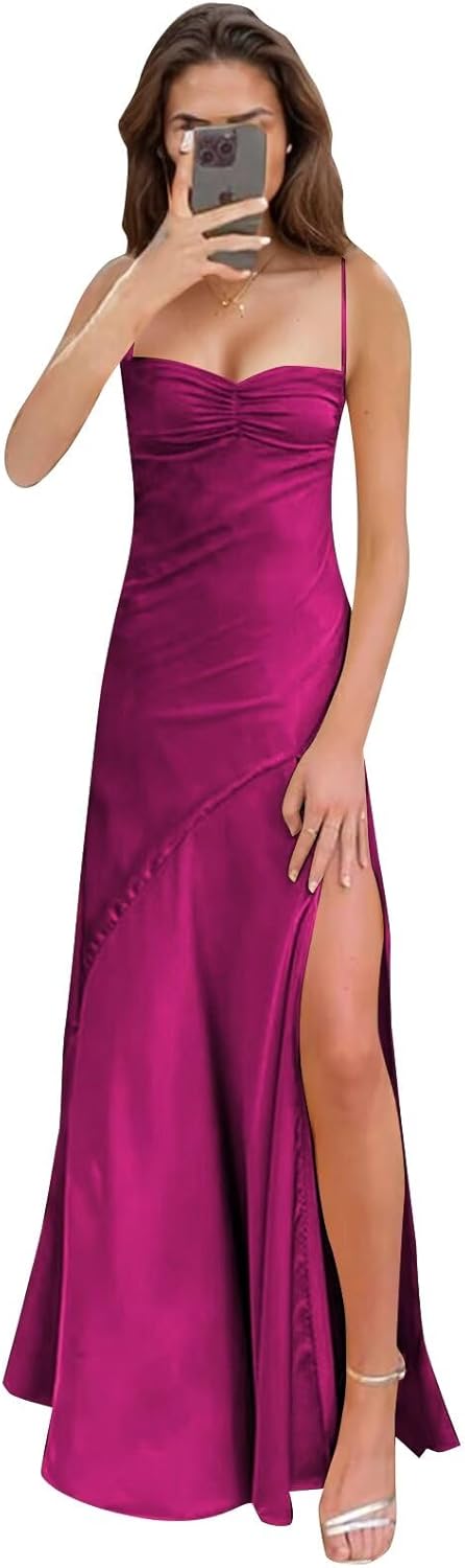 Spaghetti Strap Satin Prom Dresses Long A Line Pleated Corset Bridesmaid Formal Dress with Slit