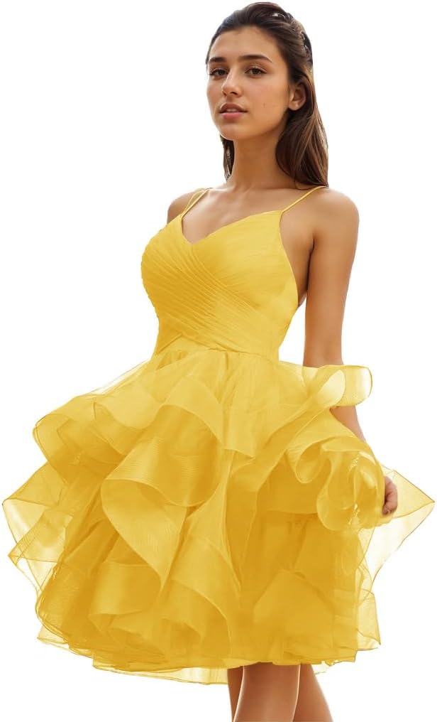 Women's Puffy Ruffle Short Homecoming Dress Tull Tutu Prom Dress V Neck Formal Party Gown