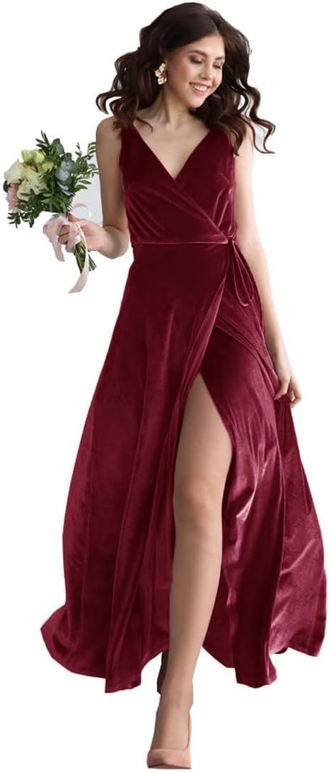 Samt V-Ausschnitt Brautjungfernkleid Langes Damen Ballkleid Formales Partykleid mit Schlitz 