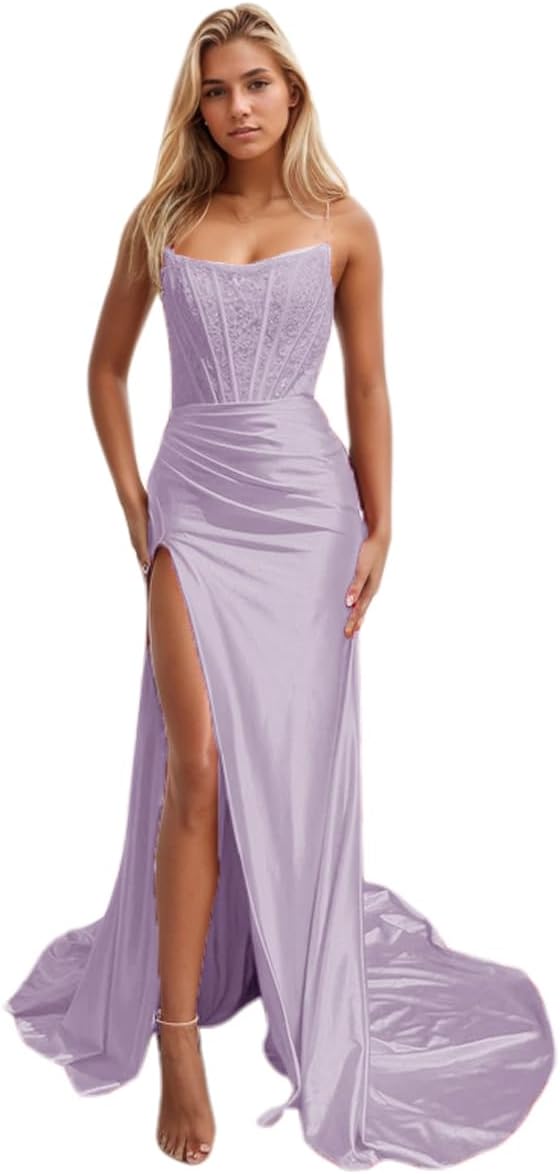 Vestidos de fiesta de sirena con encaje satinado para mujer, largos con abertura, sin tirantes, para noche formal, 2025 