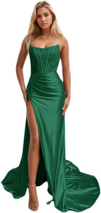Vestidos de fiesta de sirena con encaje satinado para mujer, largos con abertura, sin tirantes, para noche formal, 2025 