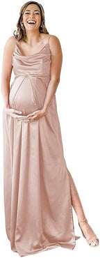 Spaghettiträger Umstandskleid Brautjungfernkleid für Fotoshooting Langes Satin Beinschlitz Schwangeres Abschlussball Partykleid 