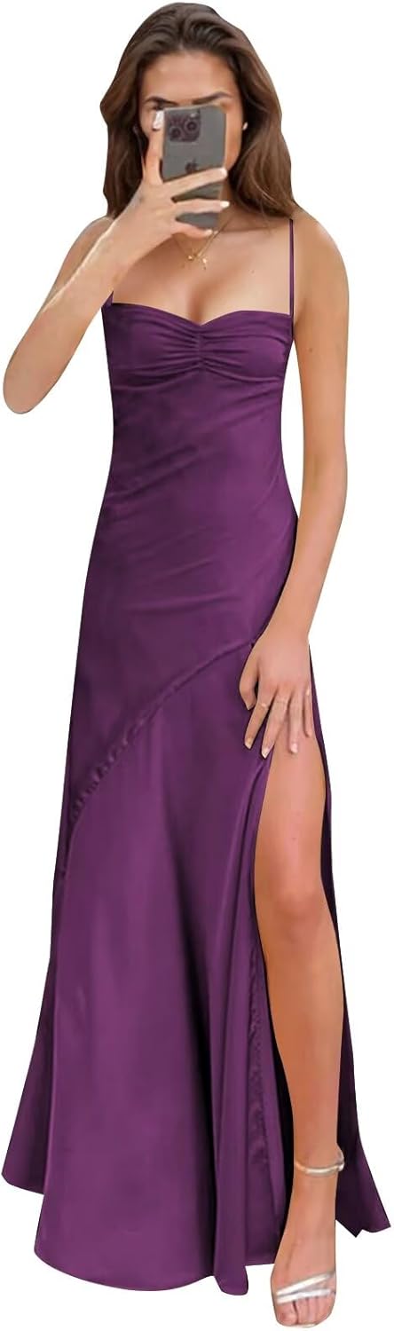 Spaghetti Strap Satin Prom Dresses Long A Line Pleated Corset Bridesmaid Formal Dress with Slit