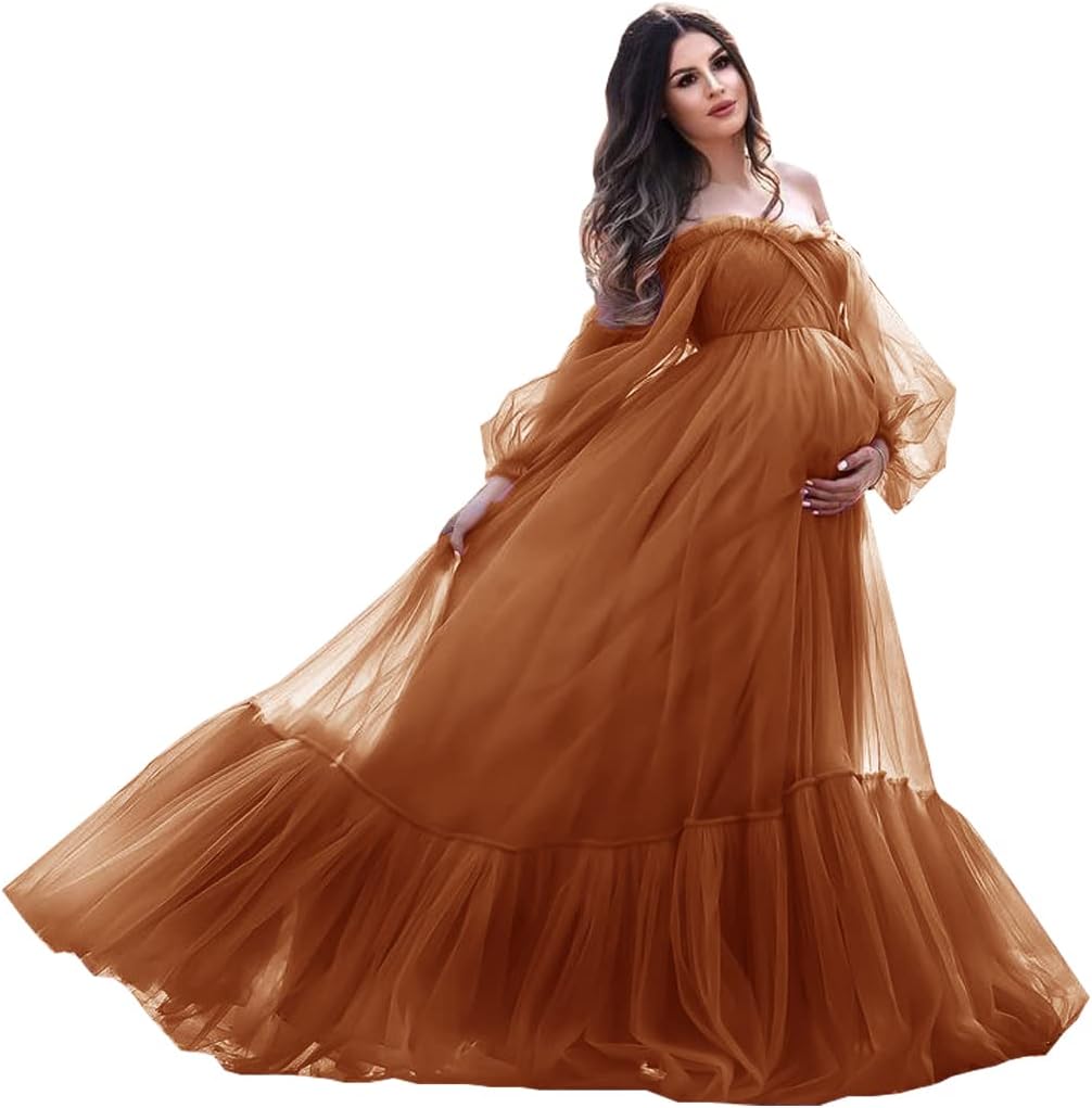 Puffy Sleeve Maternity Dress Tulle Robe for Photoshoot Off Shoulder Pregnancy Baby Shower Gown