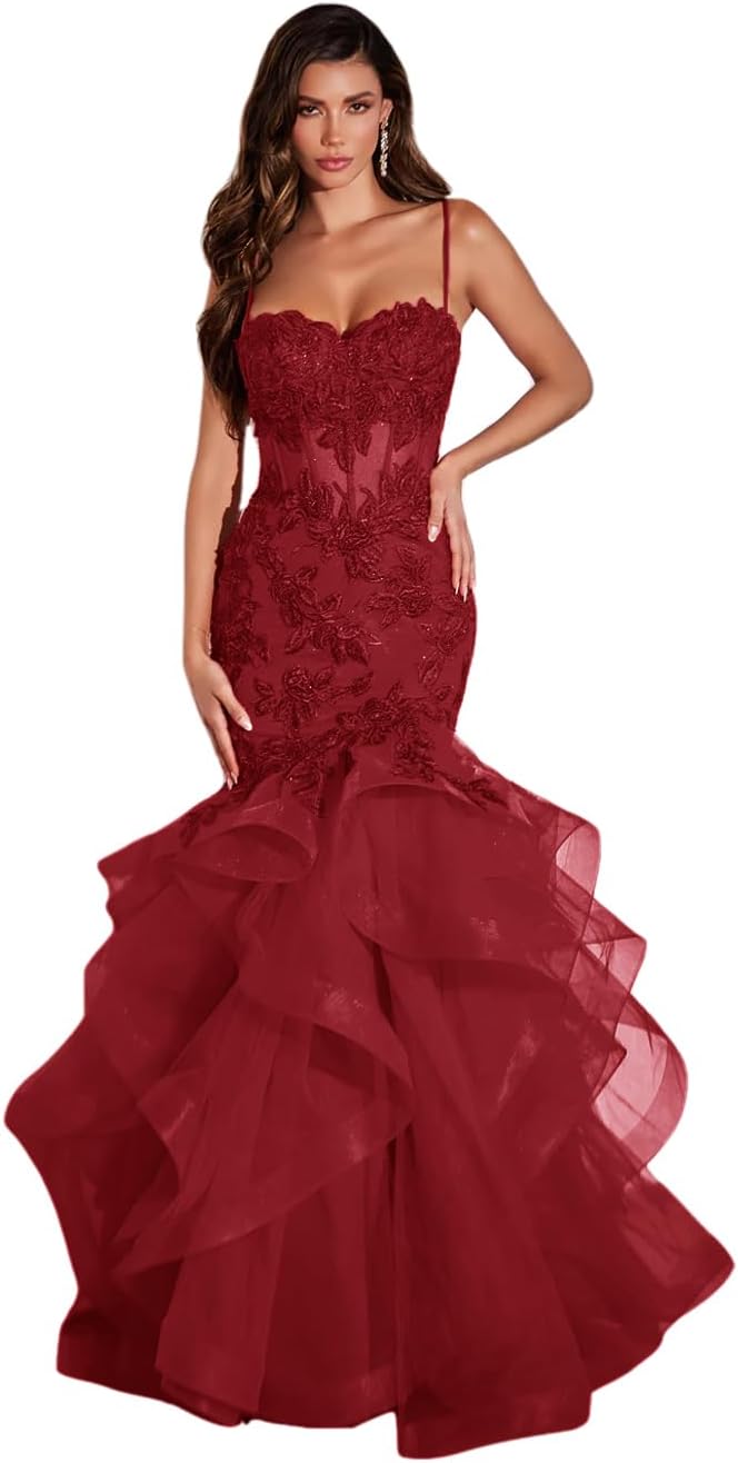 Damen Ballkleid mit Spitzenapplikation, Tüll, lang, Meerjungfrau-Stil, Rüschen, funkelnd, formelles Abendkleid 