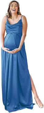 Spaghettiträger Umstandskleid Brautjungfernkleid für Fotoshooting Langes Satin Beinschlitz Schwangeres Abschlussball Partykleid 